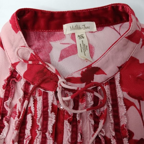 Matilda Jane XS Blouse Pink Floral Rayon Button Up Tie Neck Ruffled Long Sleeve - Picture 10 of 12